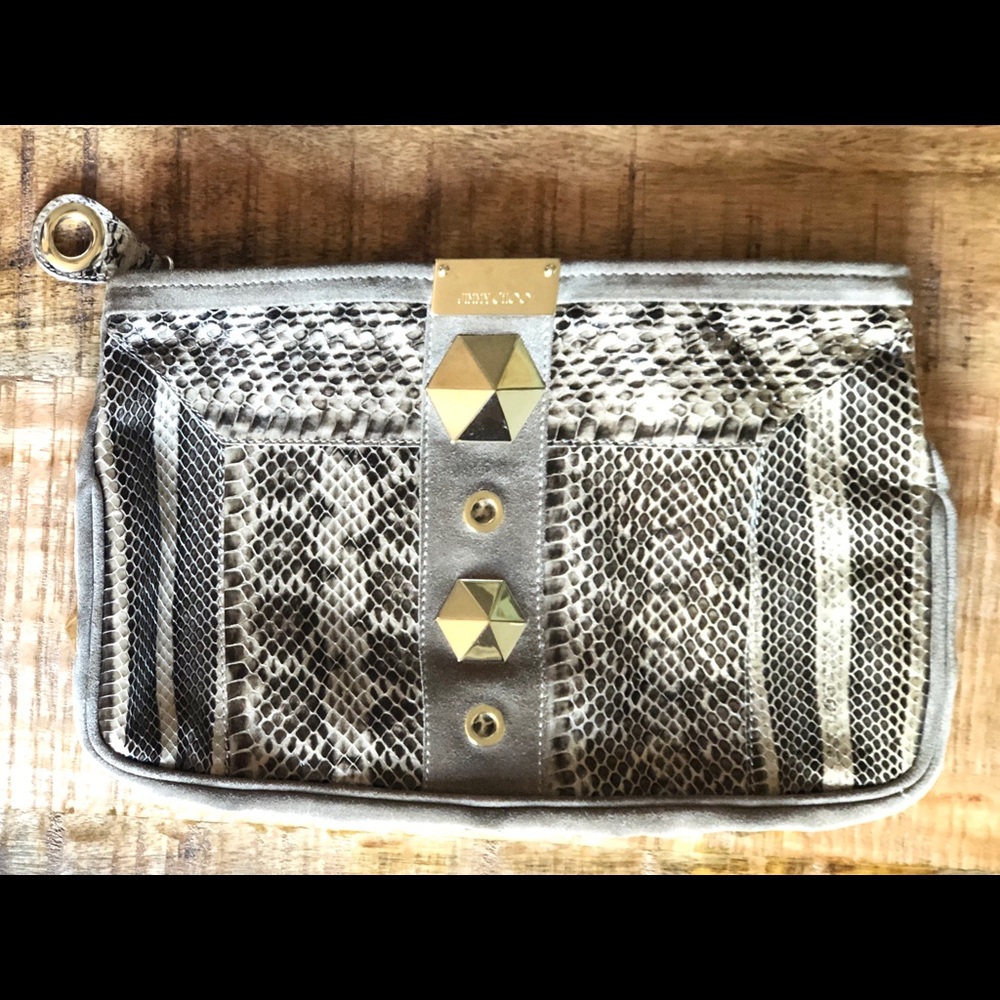 Jimmy Choo Snakeskin & Suede Purse w/Gold Grommets